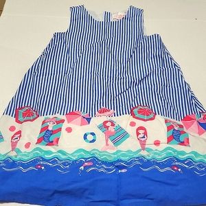 Tommy Bahama Blue & White Striped Mermaids Print Girls Shift Mini Dress